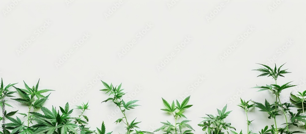 Obraz premium Indoor-grown cannabis plants with lush green leaves on a white backdrop, providing copy space for an image.