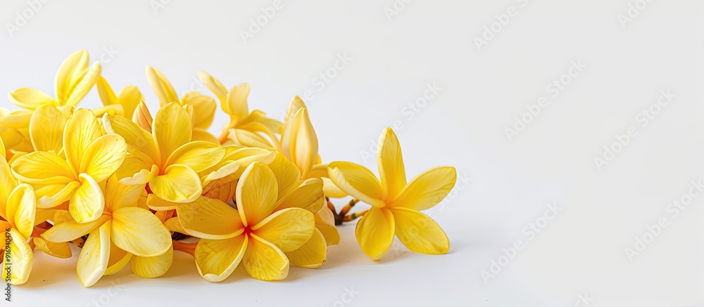 Obraz premium Yellow Ratchaphruek flowers isolated on a white background in font view with ample copy space image.