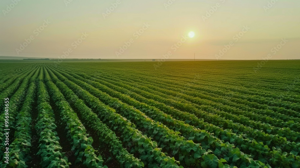 A field of green crops with a sun in the sky A field of green crops with a sun in the sky