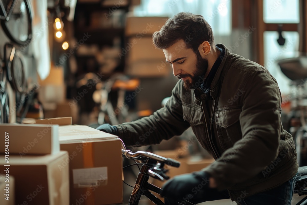 A man working in a workshop, preparing packages on a bicycle. A man working in a workshop, preparing packages on a bicycle.