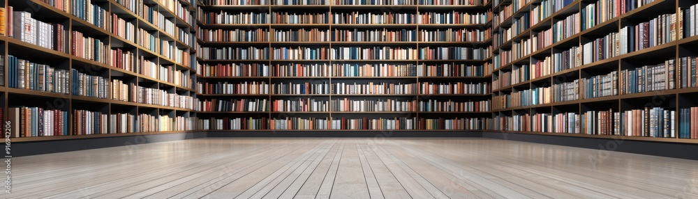 A spacious library interior showcasing rows of bookshelves filled with numerous books against a wooden floor. 3d illustration. A spacious library interior showcasing rows of bookshelves filled with numerous books against a wooden floor. 3d illustration.