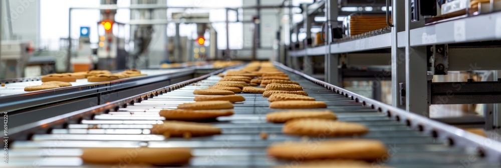 Conveyor line for cookie production at a confectionery factory Modern biscuit plant Conveyor line for cookie production at a confectionery factory Modern biscuit plant
