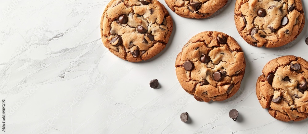 Top view of scrumptious chocolate chip cookies displayed on a light grey tabletop with ample space for adding text in the image. Top view of scrumptious chocolate chip cookies displayed on a light grey tabletop with ample space for adding text in the image.