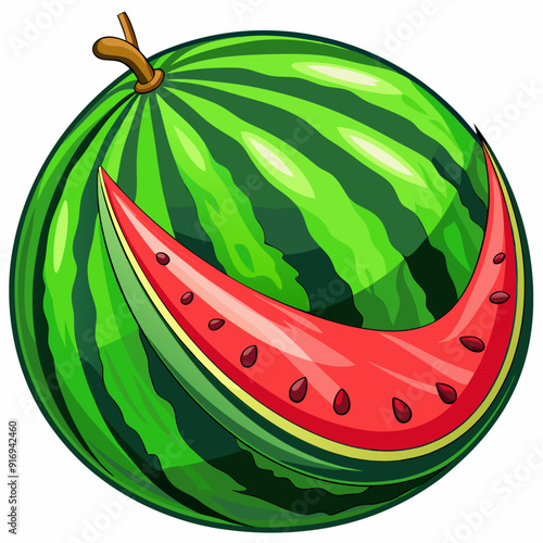 A Whole Watermelon with a Slice Removed