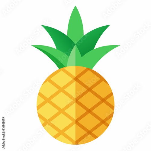 A Cartoon Illustration of a Whole Yellow Pineapple with Green Leaves