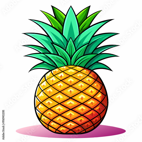 A Vibrant Cartoon Illustration of a Ripe Pineapple with Green Leaves