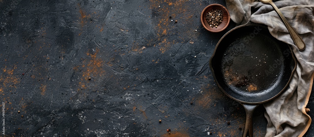 Top-view copy space image featuring culinary items like an empty cast iron pan, napkin, and spoon on a black slate, stone, or concrete background. Top-view copy space image featuring culinary items like an empty cast iron pan, napkin, and spoon on a black slate, stone, or concrete background.