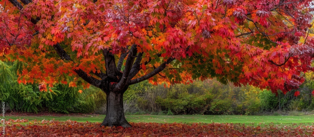 Naklejka premium Maple tree with lobed leaves, winged fruits, and vibrant fall colors, often grown for ornamental purposes, timber, or sap, offers a beautiful autumn scenery in a copy space image.
