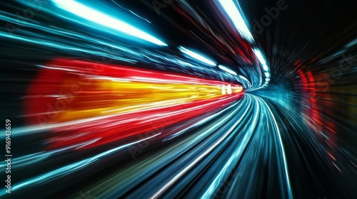 Motion blur of bright lights in a tunnel at night, creating a sense of speed and movement photo