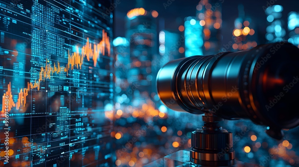Camera Lens in Cityscape with Stock Market Data. Camera Lens in Cityscape with Stock Market Data.