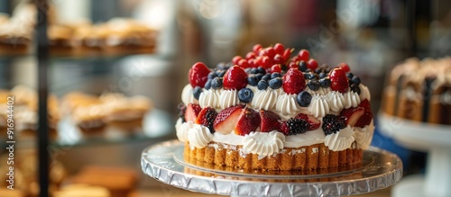 Photo of a delectable dessert cake in a bakery setting with copy space image.