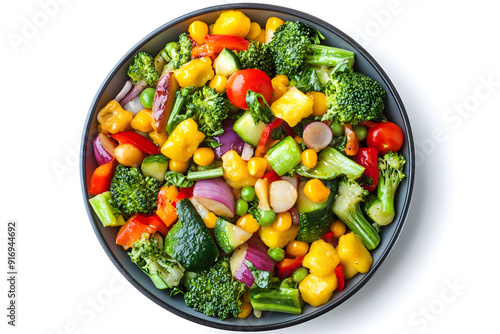 Top view colorful vegetable stir-fry on plate isolated on white background