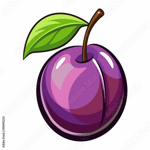 A Single Purple Plum with a Green Leaf and Stem