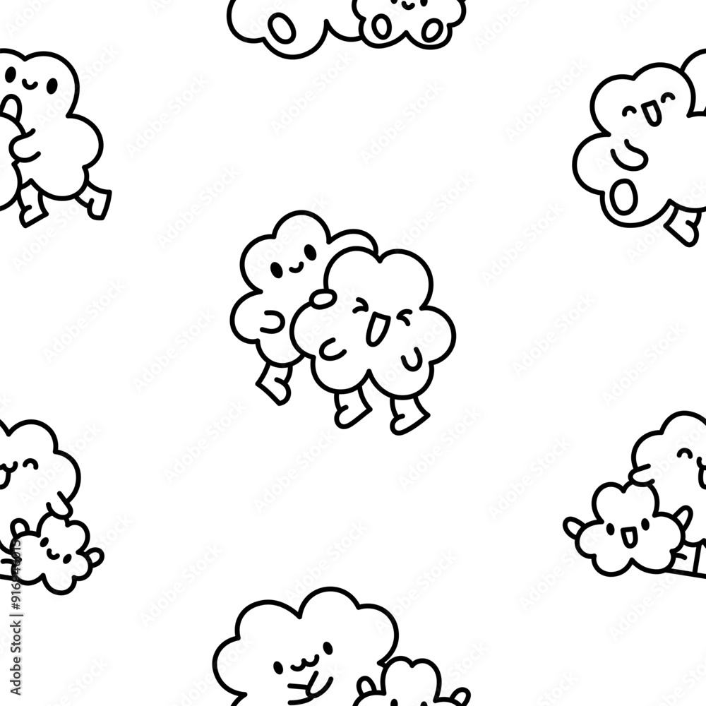 Cute kawaii clovers friends. Seamless pattern. Coloring Page. Funny couple cartoon characters. Hand drawn style. Vector drawing. Design ornaments. Cute kawaii clovers friends. Seamless pattern. Coloring Page. Funny couple cartoon characters. Hand drawn style. Vector drawing. Design ornaments.