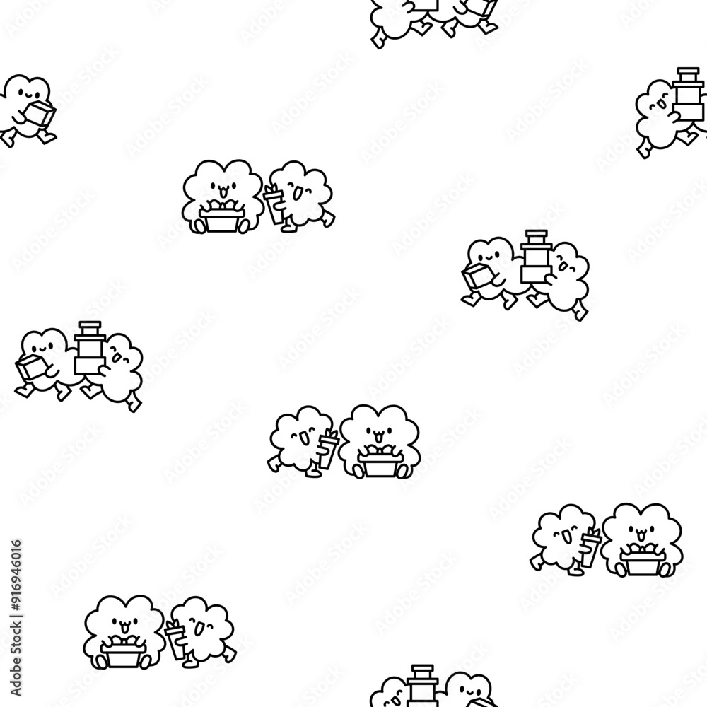 Obraz premium Cute kawaii clovers friends. Seamless pattern. Coloring Page. Funny couple cartoon characters. Hand drawn style. Vector drawing. Design ornaments.