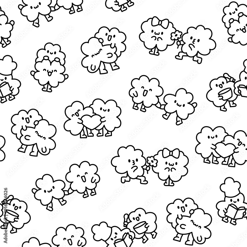 Cute kawaii clovers friends. Seamless pattern. Coloring Page. Funny couple cartoon characters. Hand drawn style. Vector drawing. Design ornaments. Cute kawaii clovers friends. Seamless pattern. Coloring Page. Funny couple cartoon characters. Hand drawn style. Vector drawing. Design ornaments.