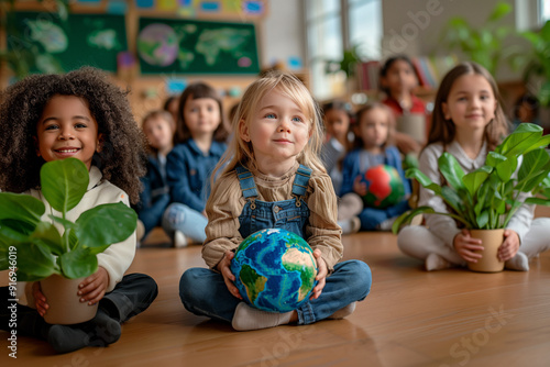 A group of multi-ethnic children sitting on the floor of a classroom, each with a potted plant and a globe. Awareness, unity, and cultural diversity. Learning and global environmental responsibility