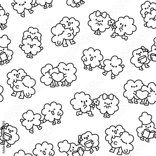 Cute kawaii clovers friends. Seamless pattern. Coloring Page. Funny couple cartoon characters. Hand drawn style. Vector drawing. Design ornaments.