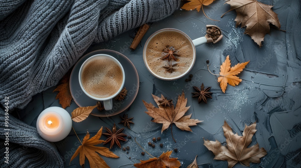 Autumn home comfort: hot coffee, blanket, candles, leaves, spices on gray background Autumn home comfort: hot coffee, blanket, candles, leaves, spices on gray background