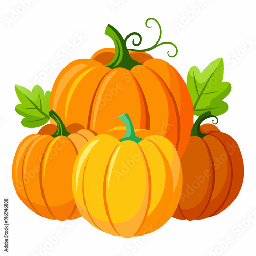 Four Pumpkins with Green Leaves and Vines