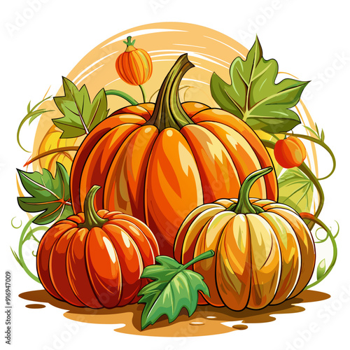A Trio of Pumpkins with Lush Green Foliage and Vines