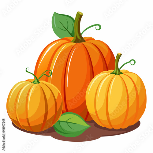 Three Pumpkins with Green Leaves and Stems