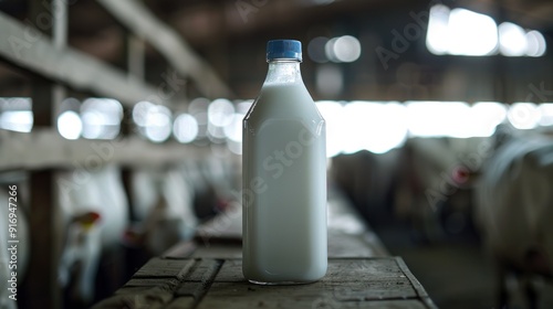 Fresh milk bottle on the table in cowshed a photography