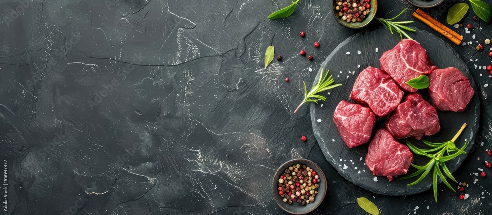 Fresh veal presented on a slate plate with spices and herbs, set on a stone background, suitable for copy space image. Fresh veal presented on a slate plate with spices and herbs, set on a stone background, suitable for copy space image.