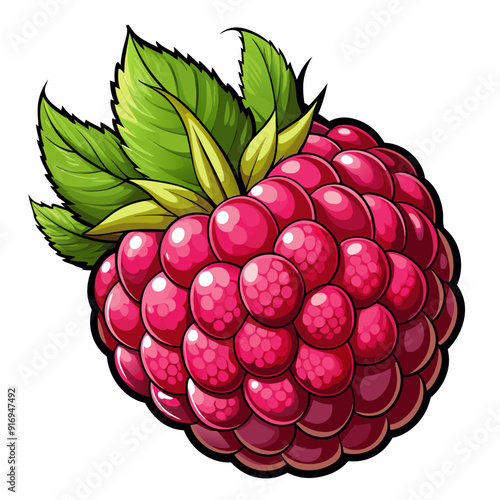 A single, ripe, red raspberry with green leaves