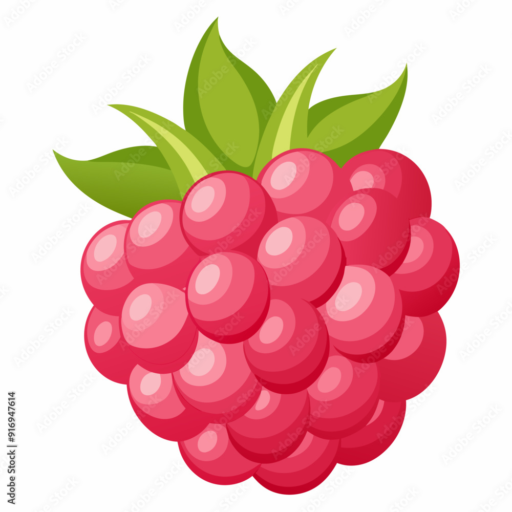 Single Cartoon Raspberry with Green Leaves Single Cartoon Raspberry with Green Leaves