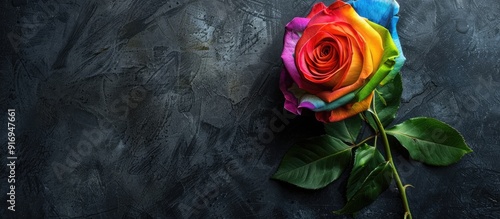 Vibrant rainbow rose symbolizing peace and pride on a dark backdrop with copy space image. photo