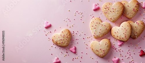 Valentine heart-shaped cookies presented on a pink background with ample copy space image. photo