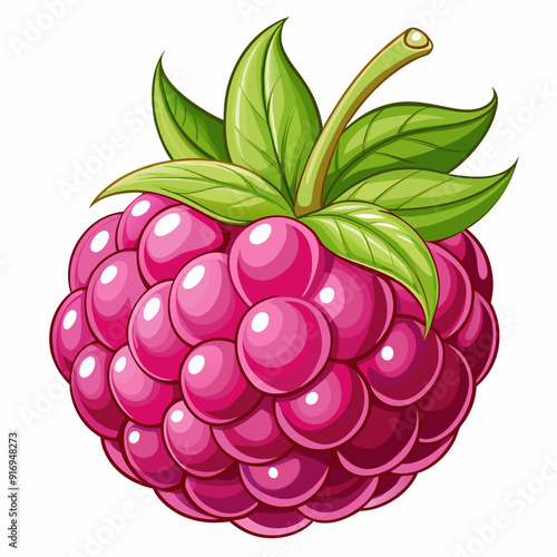 A Single Cartoon Raspberry with Green Leaves and Stem
