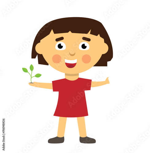 Gardener Little Girl with a Sprout Planting a Garden. Nature preservation and outdoor work concept