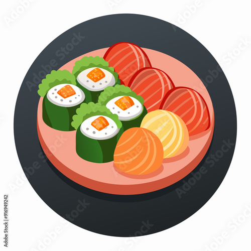 Sushi Rolls and Salmon Sashimi on a Plate