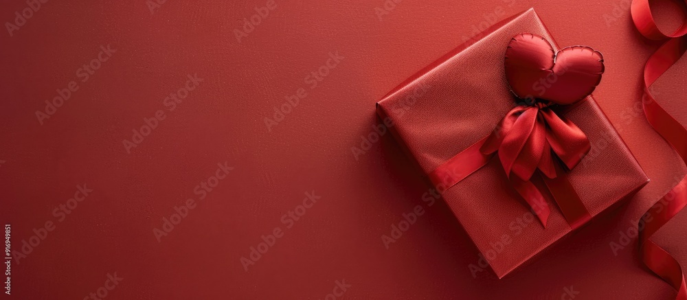 Red gift box with bow, heart, and copy space image, showcasing a Christmas present in a Valentine's Day composition, seen from above for a holiday greeting card. Red gift box with bow, heart, and copy space image, showcasing a Christmas present in a Valentine's Day composition, seen from above for a holiday greeting card.
