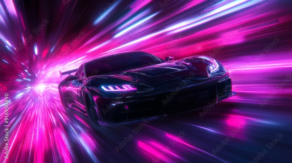 A sleek black sports car speeds through a vibrant neon tunnel filled with pink and blue lights at night A sleek black sports car speeds through a vibrant neon tunnel filled with pink and blue lights at night