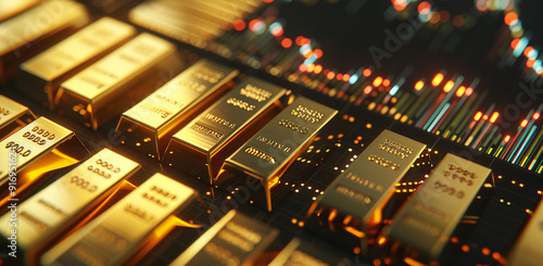 Gold bars and financial charts on a black background photo