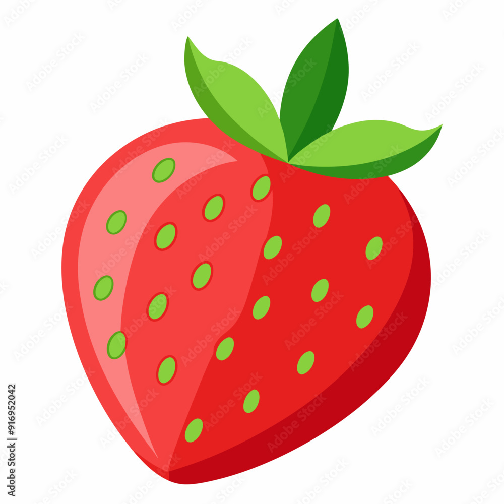 A Single Red Strawberry with Green Leaves and Seeds A Single Red Strawberry with Green Leaves and Seeds