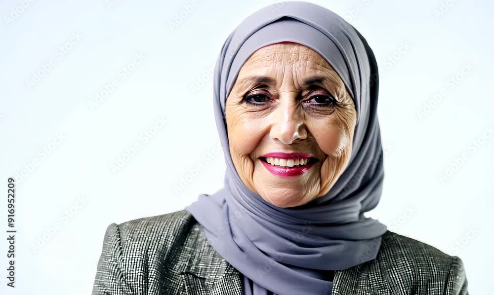 Medium shot portrait video of a pleased Saudi Arabian woman in her 90s wearing a sleek suit against a white background Medium shot portrait video of a pleased Saudi Arabian woman in her 90s wearing a sleek suit against a white background