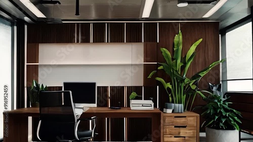 Wallpaper Mural Modern Home Office with Wooden Desk, Shelves, and Plant Torontodigital.ca