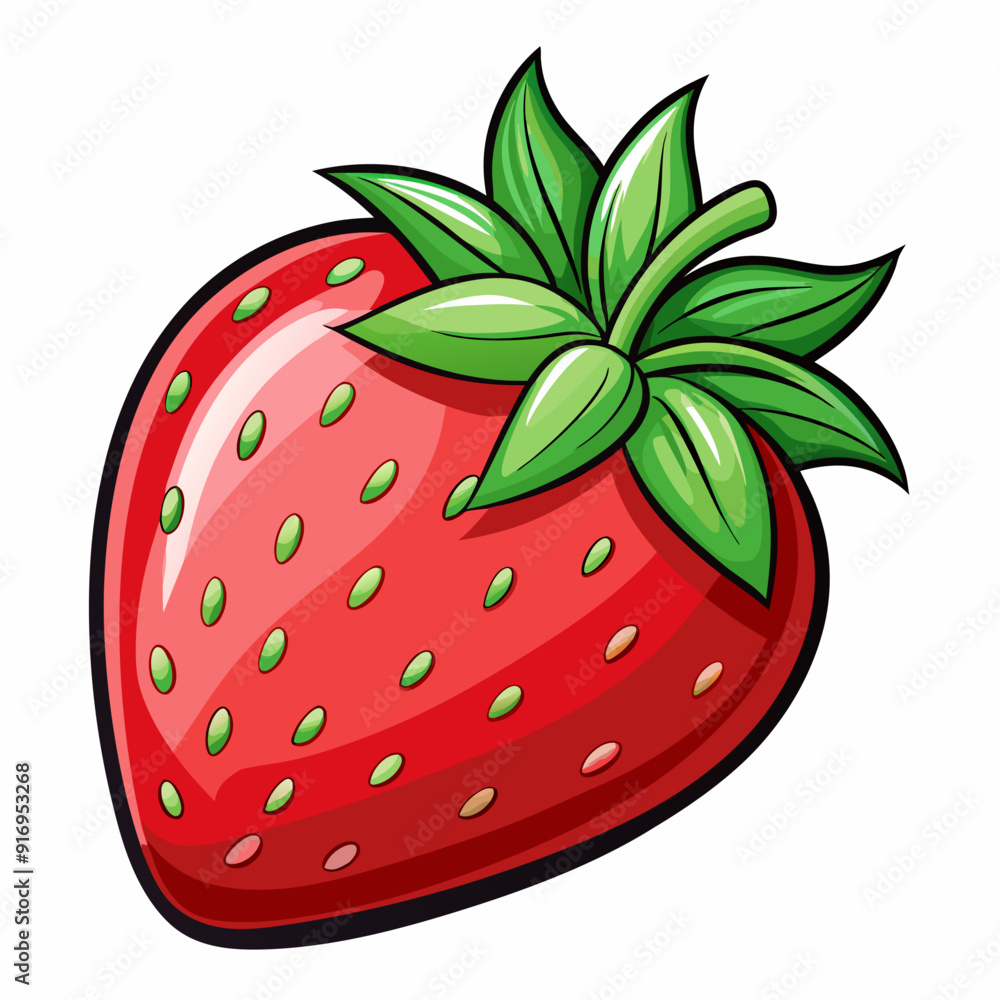 Obraz premium Cartoon Illustration of a Single Red Strawberry with Green Leaves