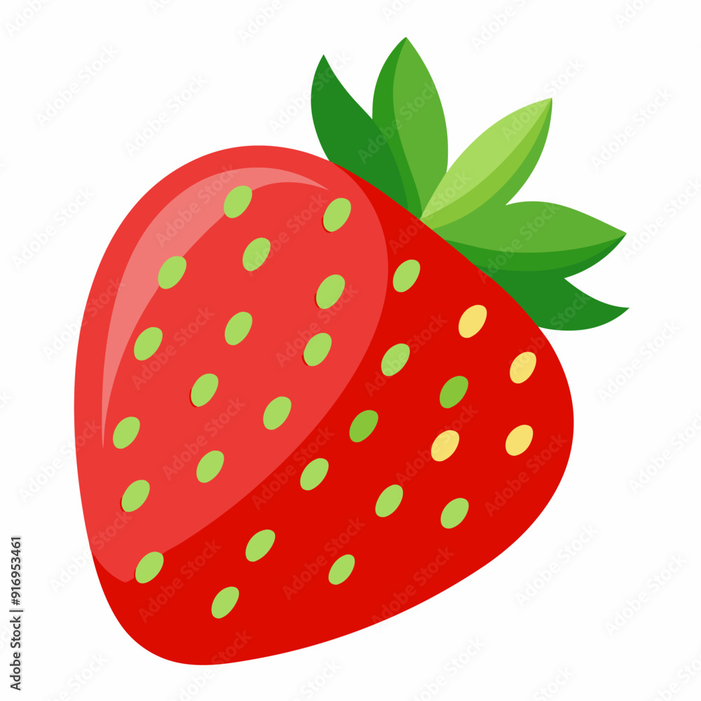 A Single Red Strawberry with Green Leaves and Seeds A Single Red Strawberry with Green Leaves and Seeds