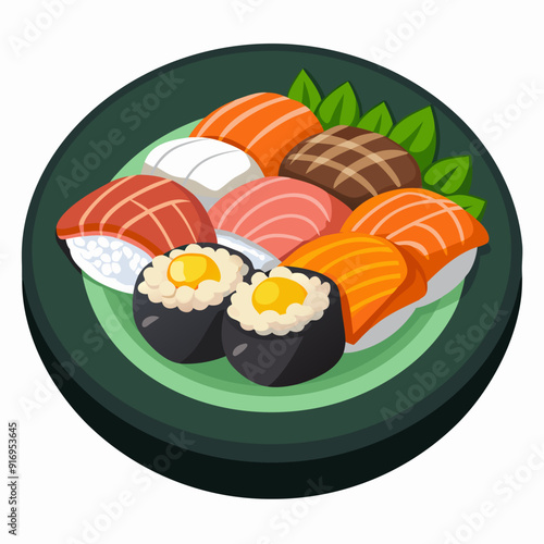 A Plate of Sushi with Various Toppings, Including Salmon and Egg