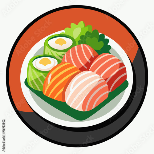Sashimi and Maki Sushi on a Plate with Green Garnish