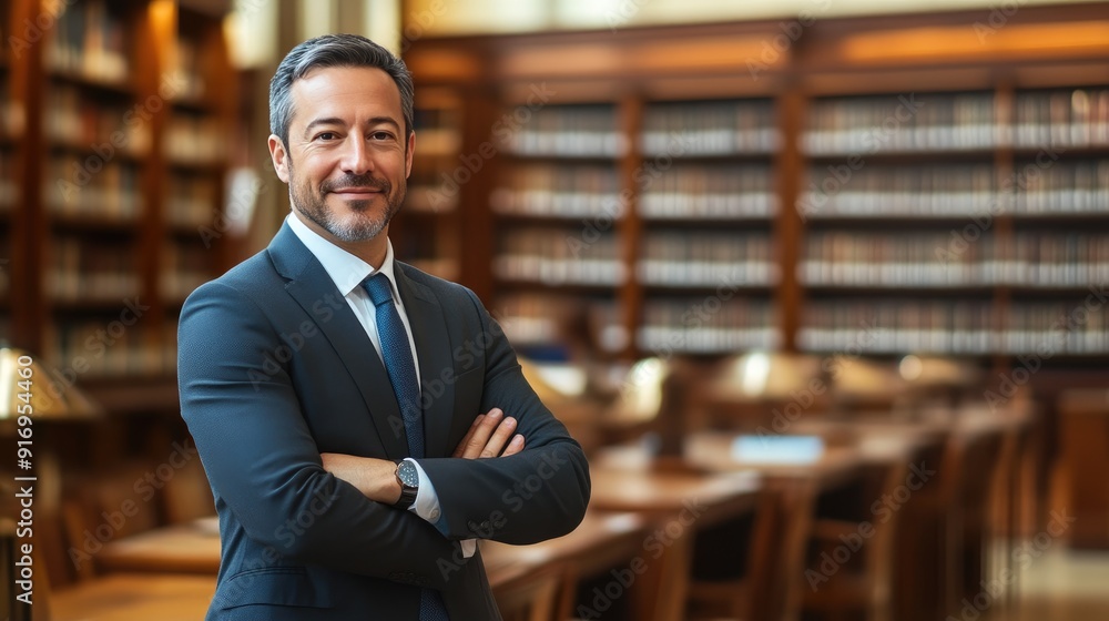 Attorney in a Suit in Front of Law Books with Empty Space Attorney in a Suit in Front of Law Books with Empty Space