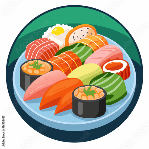 Plate of Assorted Sushi with Maki, Nigiri, and Sashimi