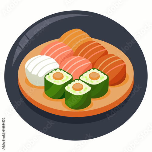Sushi on a Wooden Plate with a Black Background