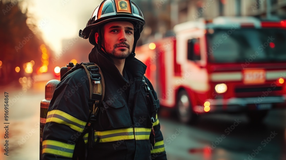 Firefighter in Uniform Standing Strong with Firetruck in View Firefighter in Uniform Standing Strong with Firetruck in View