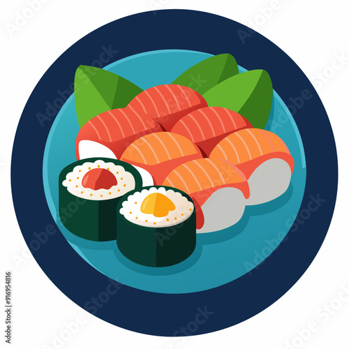 Sushi Rolls on Blue Plate with Green Garnishes